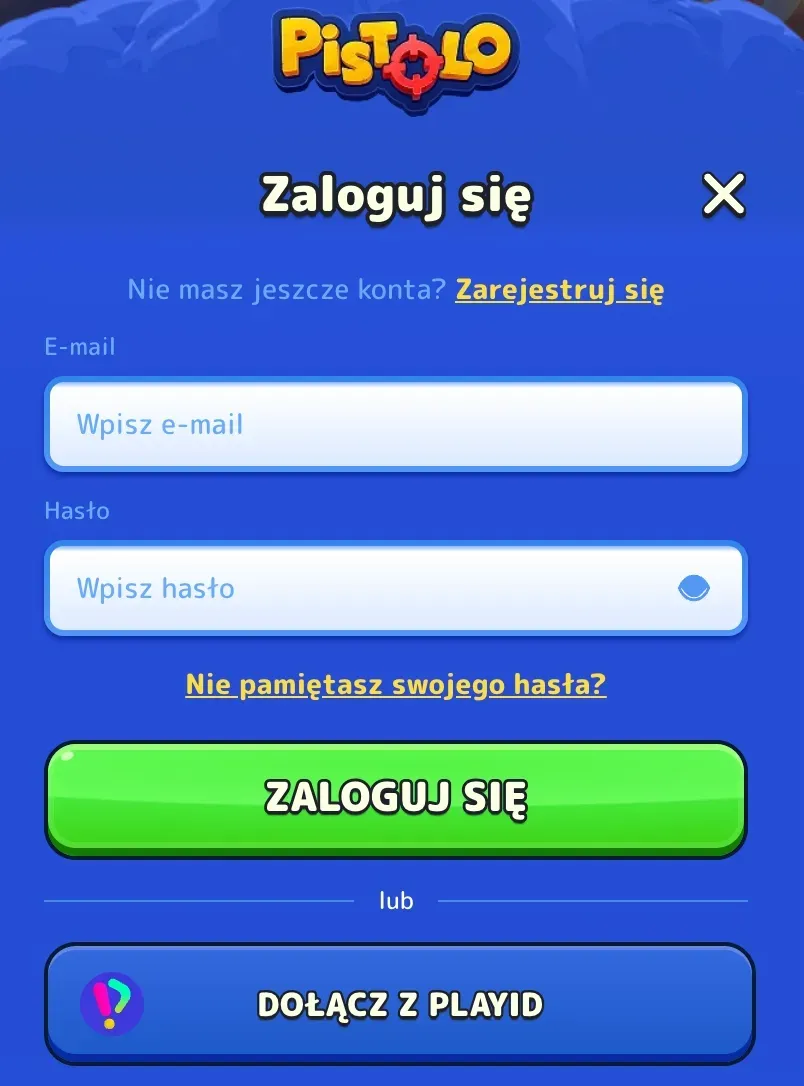 Okienko logowania i szybkiej rejestracji konta w serwisie Pistolo Casino